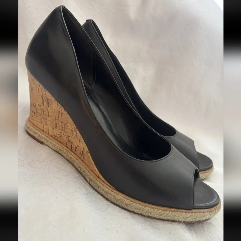Cole Haan Black Peep-Toe Cork Wedge Espadrille. Size 6.5. EUC - Picture 1 of 8